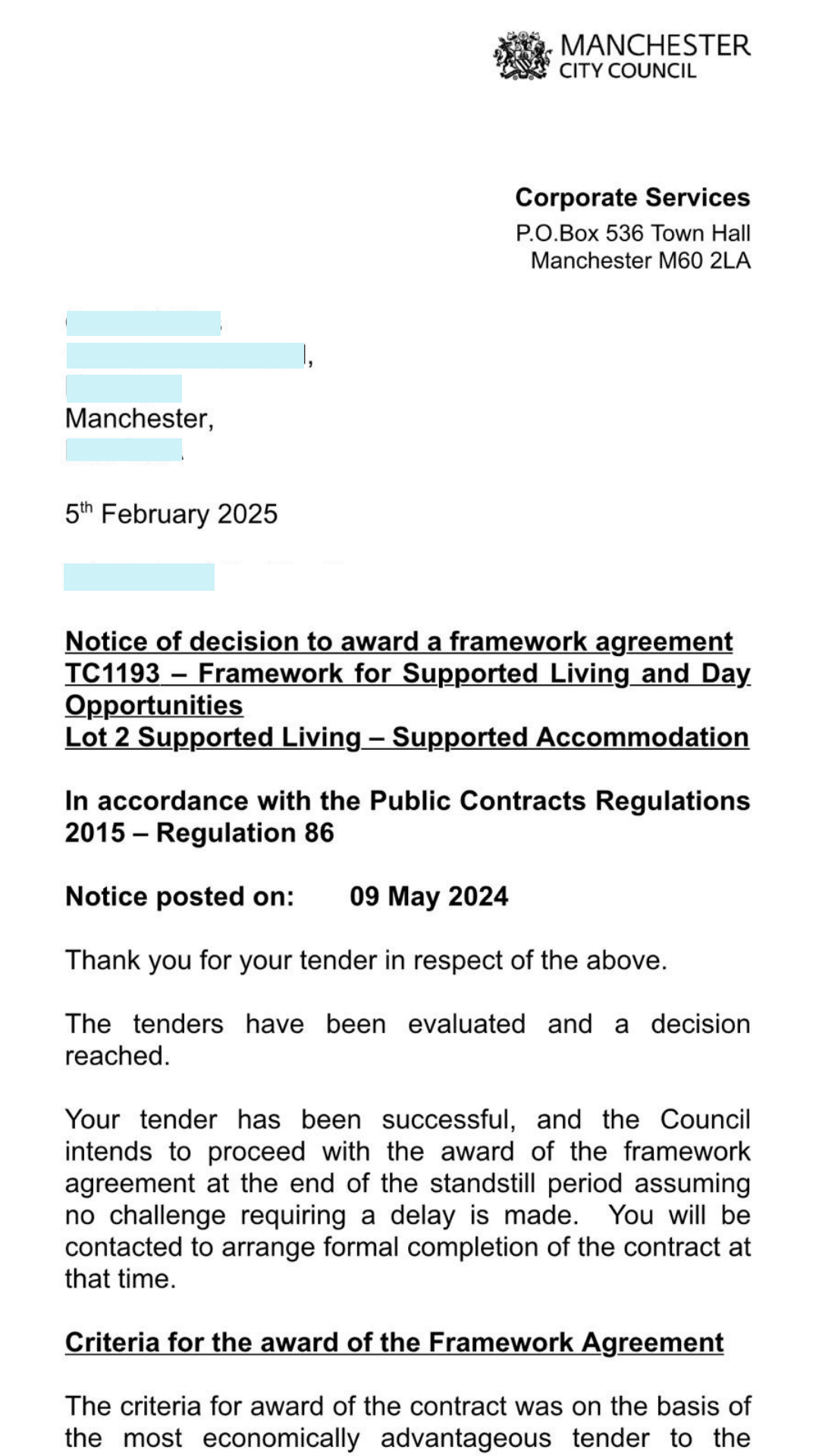 Manchester City Council notice of decision to award a framework agreement, confirming the client's tender was successful