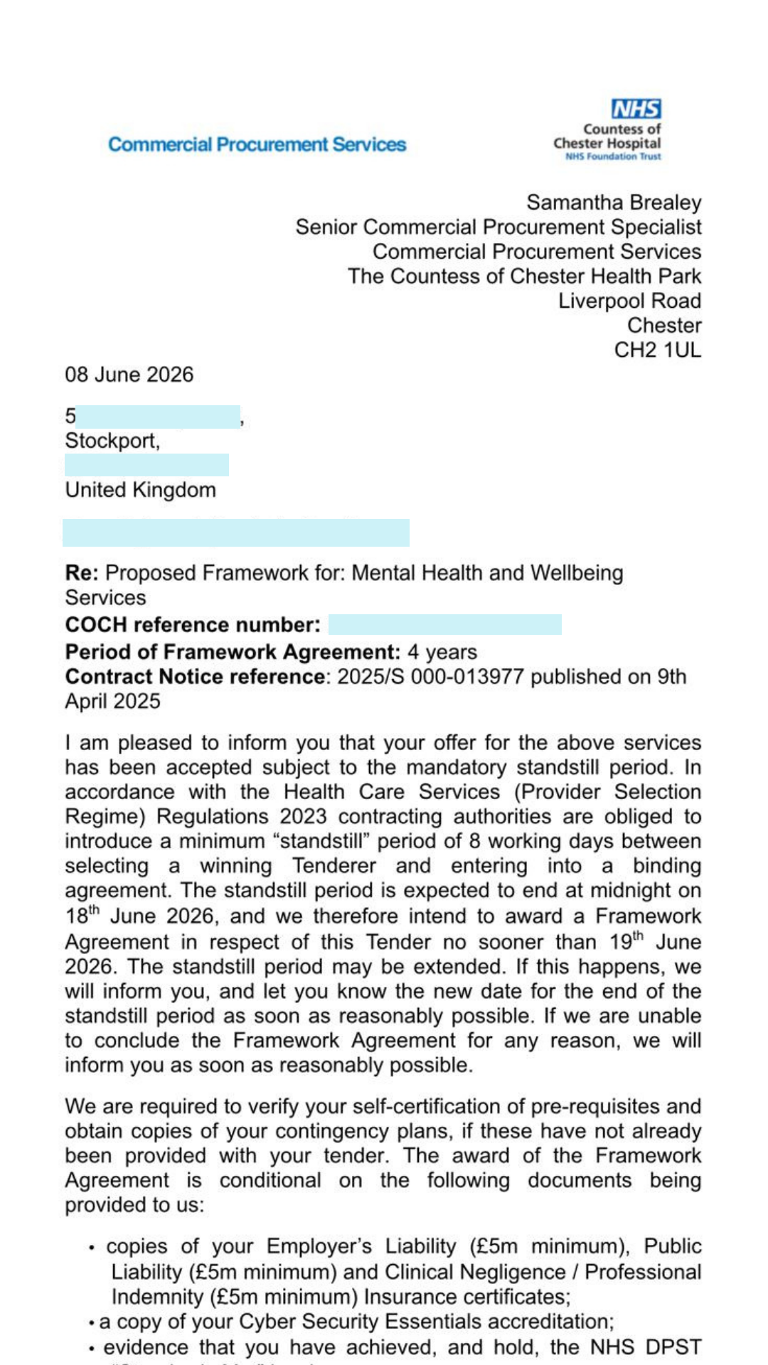 NHS Commercial Procurement Services letter confirming the client's offer was accepted for a four-year Mental Health and Wellbeing Services framework, subject to the standstill period