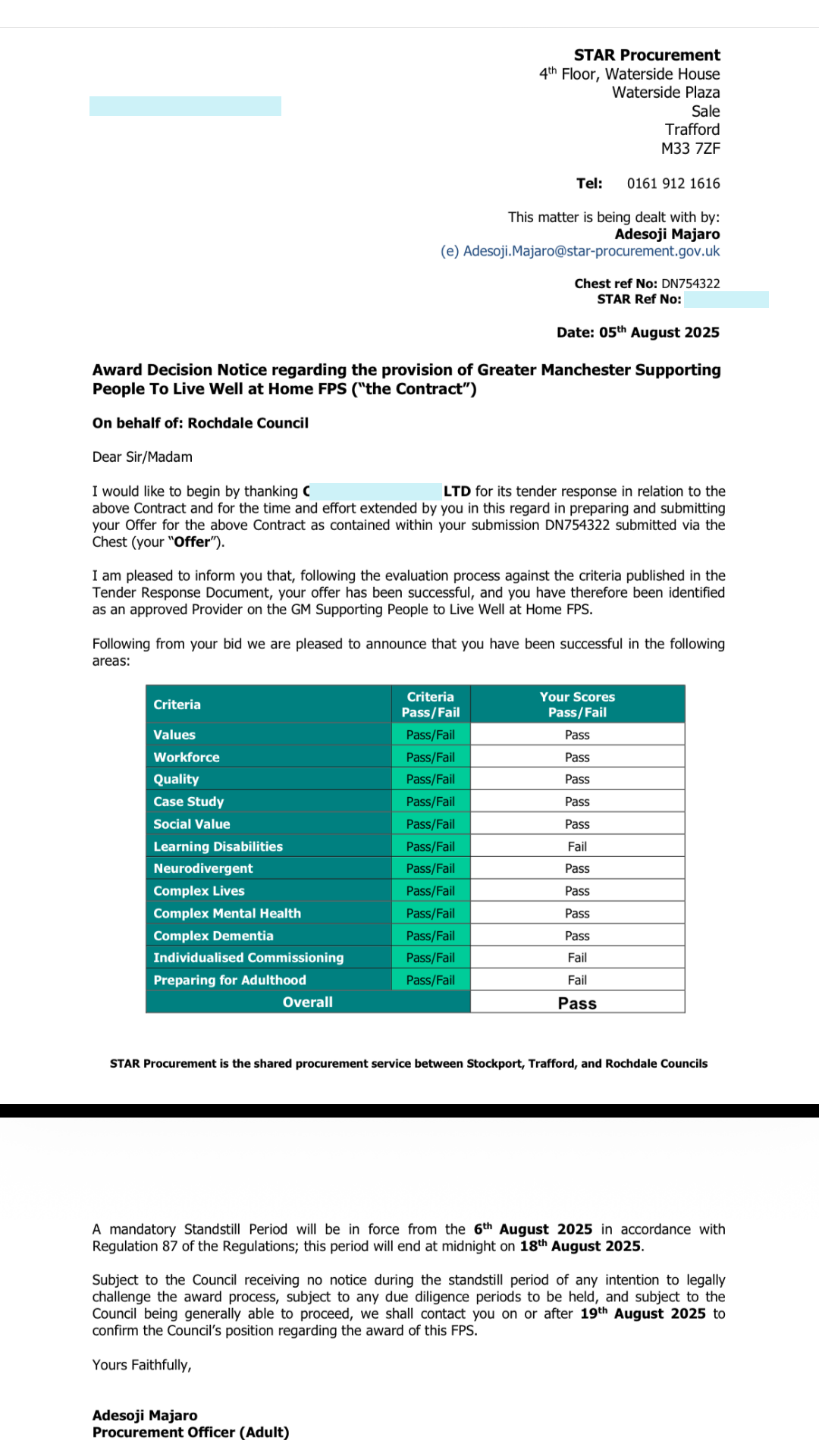 STAR Procurement award decision notice with the evaluation scoring table, recording an overall result of Pass and identifying the client as an approved provider