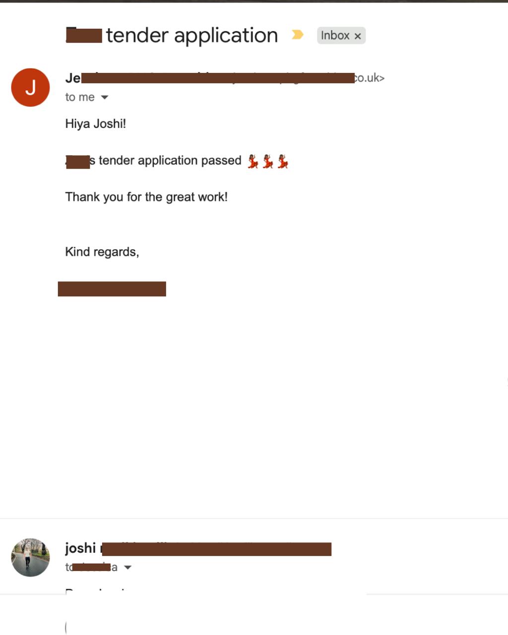 Redacted client email confirming the tender application passed